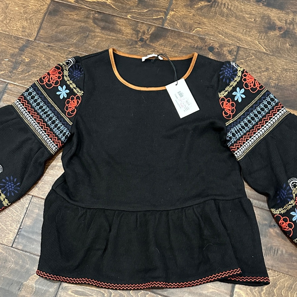 Black Embroidered Long-Sleeve Peplum Top